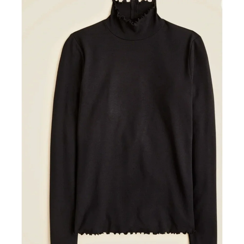 NEW J.CREW Lettuce Ruffle Trimmed Turtleneck Top Black Small